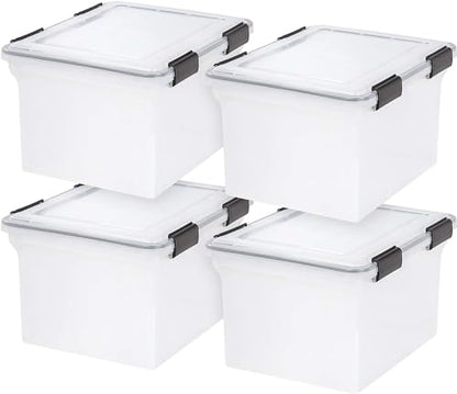 IRIS USA WeatherPro File Box Organizer, Letter/Legal, 32 Qt. 4-Pack, Clear | Organize important documents with water-resistant protection, secure latches, and stackable design for home or office storage - style: WeatherPro - 4 Pack