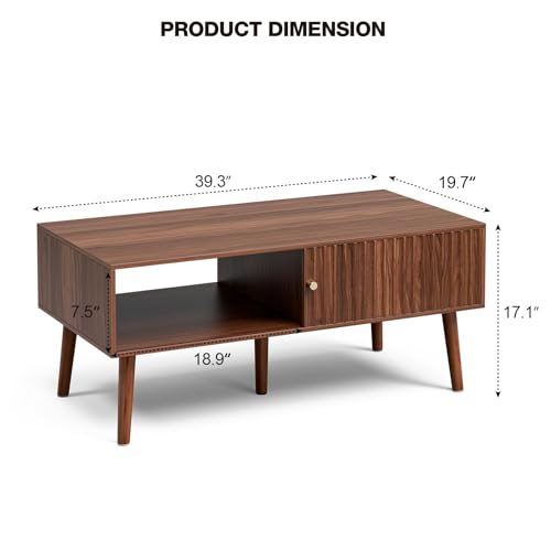 LCRBOL Coffee Table with Fluted Sliding Door, Mid-Century, Walnut | 39.3"L x 19.7"W x 17.1"H, double-sided sliding door & open shelf (7.5" clearance), golden knob, 5 tapered legs - color: Walnut(lsj012-wa)