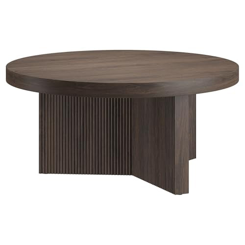 Henn&Hart 32" Scandinavian Fluted Coffee Table, Rich Brown | Ribbed pedestal base and low profile bring Scandinavian style to small spaces including living rooms or family rooms - color: Rich Brown, size: 32 inches