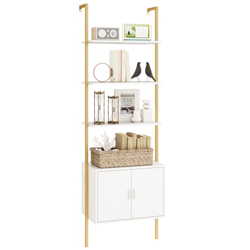 Giantex 5-Tier Wall-Mounted Ladder Shelf, 72.5" Tall Bookshelf w/ 2-Door Cabinet, Modern Style Kitchen Open Shelving Organizer, Heavy-Duty Metal Frame Display Rack for Living Room,White & Gold - color: White & Gold