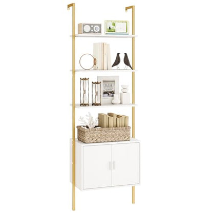 Giantex 5-Tier Wall-Mounted Ladder Shelf, 72.5" Tall Bookshelf w/ 2-Door Cabinet, Modern Style Kitchen Open Shelving Organizer, Heavy-Duty Metal Frame Display Rack for Living Room,White & Gold - color: White & Gold