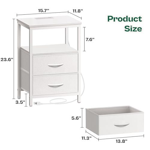 Huuger Night Stand with Charger Station and LED Lights, 2 Drawer Nightstand | Bed Side Table with Open ShelfEnd TableFabric Dresser for Bedroom, PU Leather, White - color: White, size: 11.8"D x 15.7"W x 23.6"H（2 Drawers）