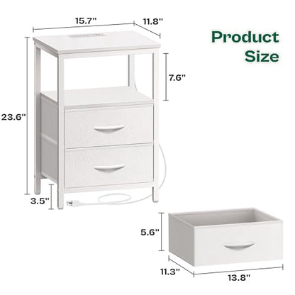 Huuger Night Stand with Charger Station and LED Lights, 2 Drawer Nightstand | Bed Side Table with Open ShelfEnd TableFabric Dresser for Bedroom, PU Leather, White - color: White, size: 11.8"D x 15.7"W x 23.6"H（2 Drawers）