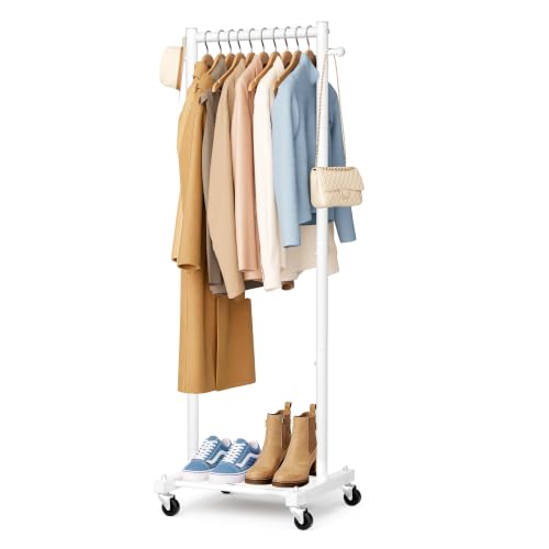 SLEEPING LAMB Small Clothes Racks for Hanging Clothes, Rolling Clothing Rack with Shelves, 60" Metal Garment Rack with Wheels Portable Wardrobe Rack for Small Space, White - color: White