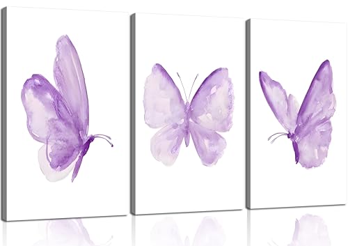 3Pcs Butterfly Canvas Wall Art Purple Butterfly Posters Pictures Minimalist Cute Animal Paintings Aesthetic Preppy Room Prints for Girls Bedroom Nursery Home Wall Decor Gift Framed - color: Butterfly Canvas, size: 16"Lx12"W