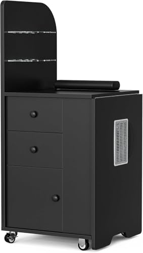 Foldable Nail Desk Manicure Table, Folding Nail Table Station for Nail Tech w/Dust Collector, 2 Open Shelves & 2 Drawers, Foldable Manicure Desk w/Wrist Cushion, Lockable Wheels - color: Black2