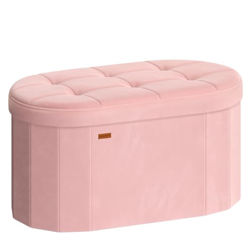 SONGMICS Mazie Collection - Folding Ottoman with Storage, Oval Storage Ottoman Bench, for Living Room, Bedroom, Velvet Fabric, 15 x 30 x 15 Inches, Jelly Pink ULSF267SA01 - color: Jelly Pink, size: 15"D x 30"W x 15"H, style: Oval