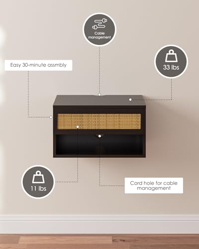 Modern Floating Nightstand with Drawer, Wall Mount Shelves, Black Rattan | Small Space Saver, Modern Minimalist Design, Wall Mounted Shelves, for Bedroom, Bathroom, Living room, Easy Assembly, Rattan - color: Black Rattan