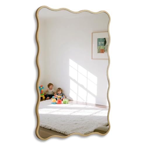Gold Wavy Bathroom 20x30 Rectangle Scalloped Farmhouse Wall Mirror | Wood Medium Brushed Modern Decor Accent Mirror, For Girl Bathroom Entryway Living Room Nursery Bedroom, Horizontal & Vertical - color: Gold, size: 30"L x 20"W