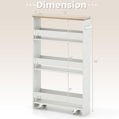 MAT EXPERT Slim Rolling Storage Cart, 4-Tier Freestanding Slim Storage Cart with Wheels 360 Degree & Metal Handle, Wooden Utility Cart for Narrow Kitchen, Laundry Room, Bathroom (White + Natural) - color: White + Natural