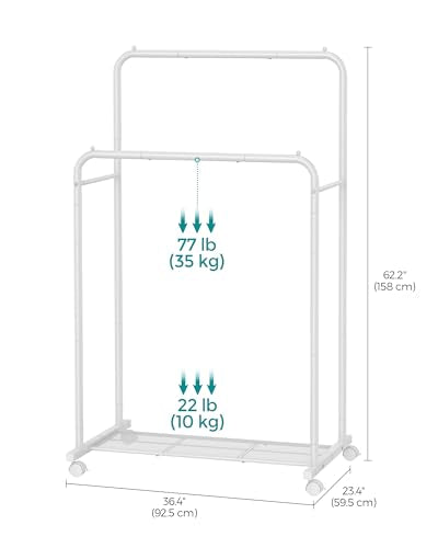 SONGMICS Double Rods Clothes Rack with Wheels, Clothing Rack for Hanging Clothes, Heavy Duty Garment Rack with Mesh Storage Shelf, 2 Brakes, Each Top Rail Holds up to 77 lb, White UHSR026W01 - color: White, style: Double Rod