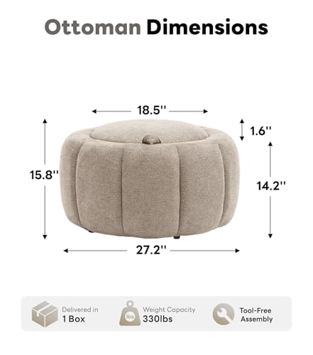 Tbfit Round Storage Ottoman - No Assembly Required, Storage & Sturdy Structure Multi-Functional Seat/Footrest for Living Room, Bedroom & Kids Room Soft Fabric for Family Home Use - color: Khaki-chenille