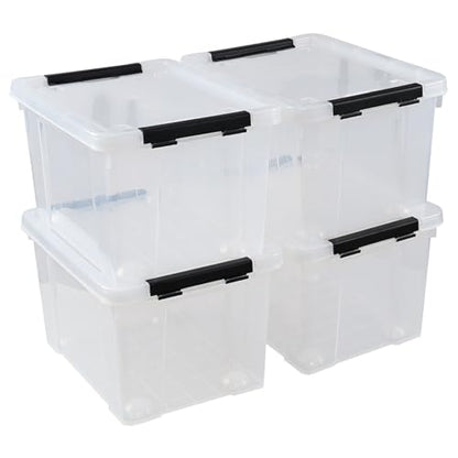 4-Pack 24 Quart Storage Box, Clear Plastic Storage Bin with Wheels | Secure Black Side Latches, Built-In Rolling Wheels, Space-Saving Stackable Home Organizer - size: 24 quart