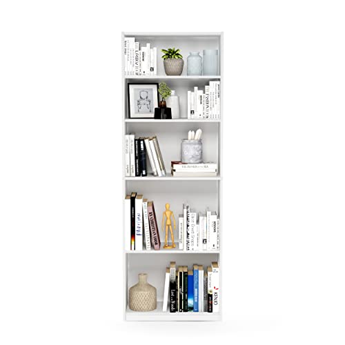 Furinno Jaya 5-Tier Book Shelf with Adjustable Shelves, White Bookshelf, Bookcase, 9.5 x 24.5 x 71.2, for Living Room, Bedroom, Home Office, Plain White - color: White, size: 5-Tier (New)