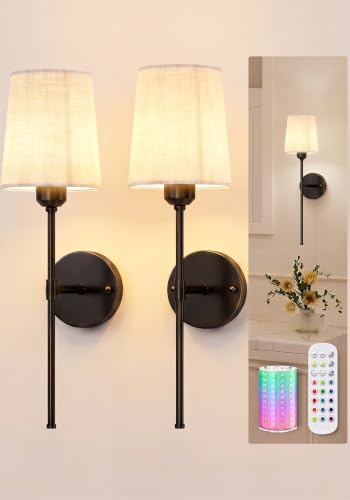 Rechargeable Wall Lights Set of 2, 7500mAh, RGB, Wireless Wall Lamps with Remote, Dimmable, Magnetic Bulbs, No-Wiring Installation, Battery Operated Wall Sconces for Bedroom, Living Room, Hallway - color: Black, size: 19.9 inches