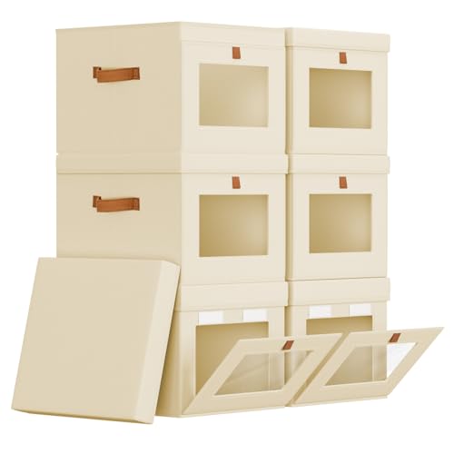 Storage Bins with Lid – Closet Organizer with Side Opening and Clear Window, Foldable Stackable Fabric Basket for Clothes, Home, Office - 13.77" x 11.8" x 9.8", 6 Pack, Beige - color: Beige, size: 13.7 Inch-6 Pack