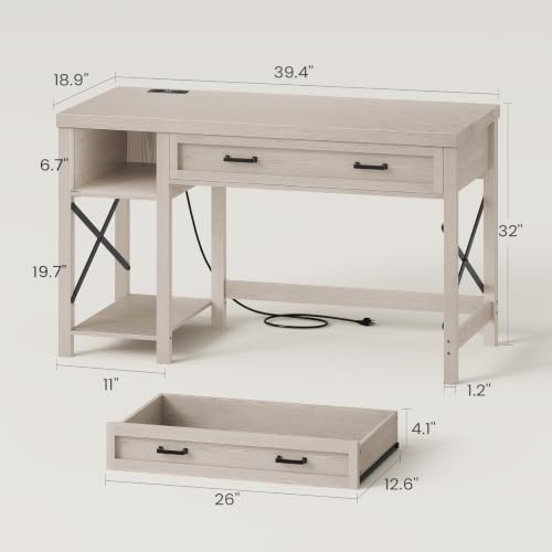 SEDETA Farmhouse Small Desk with Drawers, 40" Computer Desk with Storage Shelves, Writing Desk for Small Space and Power Outlet, Desk for Bedroom, Home Office, Mahogany Grey - color: Mahogany Grey