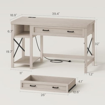 SEDETA Farmhouse Small Desk with Drawers, 40" Computer Desk with Storage Shelves, Writing Desk for Small Space and Power Outlet, Desk for Bedroom, Home Office, Mahogany Grey - color: Mahogany Grey