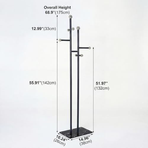 Heavy Duty Office Coat Rack Freestanding, Marble Base Metal | 1.0mm thickened iron tree with 8 stainless steel hooks. Anti-toppling heavy marble base for modern office & reception. - color: black