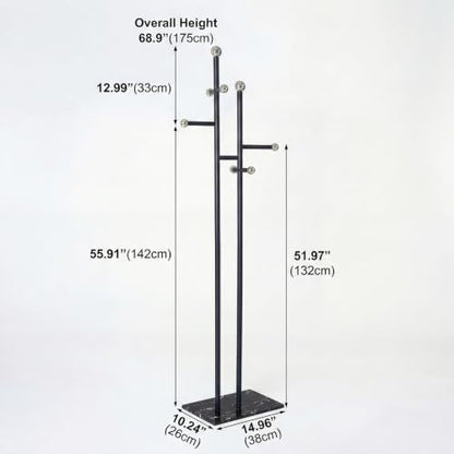 Heavy Duty Office Coat Rack Freestanding, Marble Base Metal | 1.0mm thickened iron tree with 8 stainless steel hooks. Anti-toppling heavy marble base for modern office & reception. - color: black