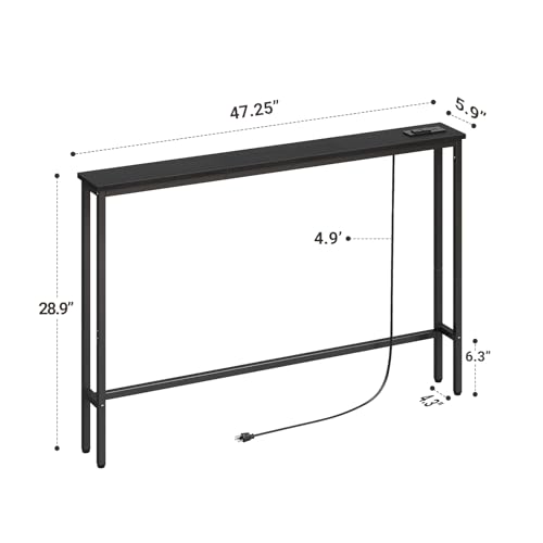 ELYKEN 47.2" Narrow Console Table with Outlet, Sofa Table Behind Couch | Extra Long Skinny Entryway Tables with Charging Station for Living Room, Hallway, 5.9 x 47.2 x 29.5in, Black - color: Black, size: 5.9"DX47.2"WX29.5"H