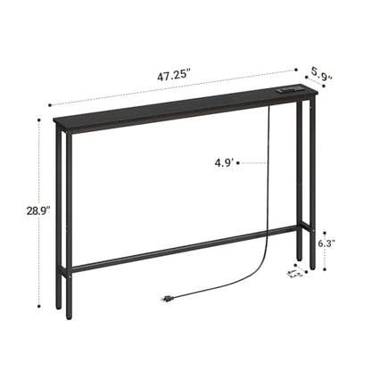 ELYKEN 47.2" Narrow Console Table with Outlet, Sofa Table Behind Couch | Extra Long Skinny Entryway Tables with Charging Station for Living Room, Hallway, 5.9 x 47.2 x 29.5in, Black - color: Black, size: 5.9"DX47.2"WX29.5"H
