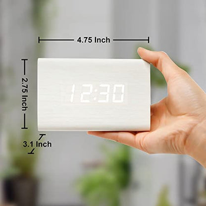 Digital Alarm Clock Wooden Alarm Clock Wood Modern Triangle Alarm Digital Desk Clock, Displays Time Date Temperature Calendar Wood Made Electric Clocks for Bedroom, Bedside - White - color: White
