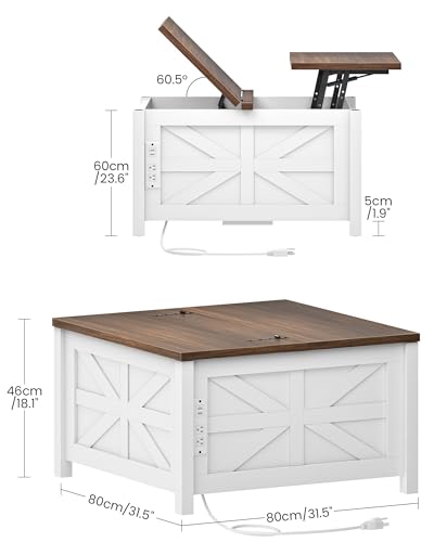 31.5" Lift Top Coffee Table, Farmhouse Coffee Table with Charging Station and Storage, 2 AC Outlets and 2 USB Ports, White and Walnut MKF02UWAN1