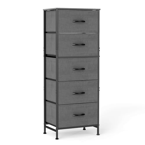 DUMOS Nightstand with 5 Drawers, Bedside Table with Removable Fabric Bins, Sturdy Steel Frame Wood Skinny Dresser Furniture for Bedroom Closet Living Room, Grey - color: Grey, size: 15.7"D x 11.8"W x 47.7"H (5 Drawers)