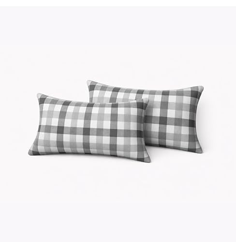 Native Fab Throw Pillow Covers 2 Pack, 12x20 Inches, 100% Cotton, Woven Gingham Plaid, Premium Decorative Cushion Cases, Modern Farmhouse Decor for Living Room, Sofa, Couch, Stone & Charcoal Grey - color: Gingham Stone & Charcoal Grey, size: 20" x 12" (Pa