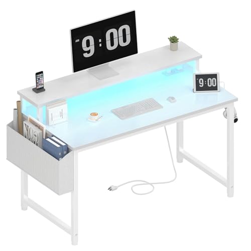 Lufeiya White Computer Desk with LED Lights and Power Outlets, 40 Inch Home Office Desks with Monitor Stand, Teen Writing Study Table Gaming Desk with Charging Station, White - color: White, size: 39.4"
