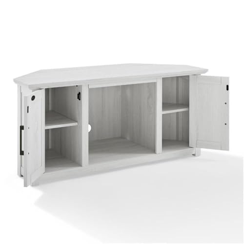 Pemberly Row Modern Rustic Wood Corner TV Stand, 48 in, Whitewash Finish, Fits TVs Up to 50 in, Adjustable Shelving, Cable Management, Antique Brass Hardware, MDF Construction, Living Room - color: Whitewash