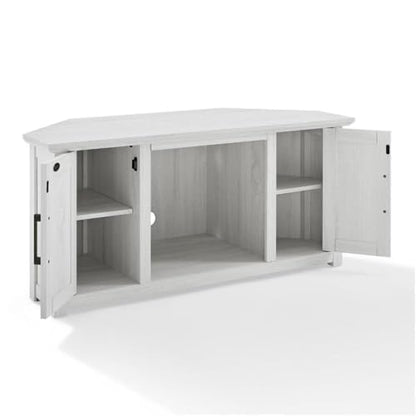 Pemberly Row Modern Rustic Wood Corner TV Stand, 48 in, Whitewash Finish, Fits TVs Up to 50 in, Adjustable Shelving, Cable Management, Antique Brass Hardware, MDF Construction, Living Room - color: Whitewash
