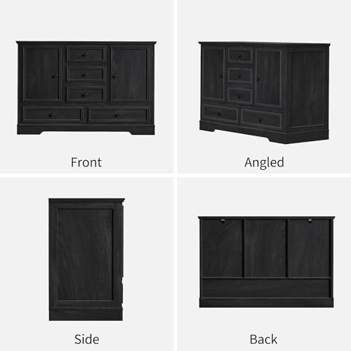 GarveeHome 47" Farmhouse Sideboard Buffet Cabinet,Sideboard Storage Credenza with 5 Drawers and 2 Doors,Wood Coffee Bar Cabinet,Buffet Table for Dining Room Living Room,Black01 - color: Black01