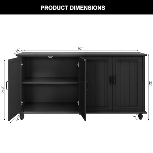 Sideboard Buffet Cabinet with 4 Doors, Vintage Coffee Bar Station, Black | Farmhouse Storage Cabinet for Dining Room and Kitchen, 62'' Large TV Stand with Adjustable Shelf, Heavy Duty, Painted Finish - color: Black, size: 4 Doors