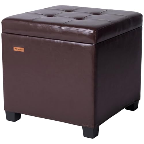 ABHENG Steel Frame Square Ottoman with Storage Antique Brown UASND63R | 17.7" x 17.7" x 17.7", Hold 660 lbs, 48L Storage Capacity, Waterproof Synthetic Leather, Removable Lid, for Dorm Living Room - color: Pu-antique Brown, size: 17.7"D x 17.7"W x 17.7"H