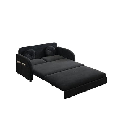 52.4'' Full Size Sleeper Sofa Bed, 3-in-1 Pull Out Chenille Couch, Black | Cozy Curved Armrest, Loveseat with USB, 2 Round Pillows, Washable Cover, Pocket, for Living Room, Apartment, Small Spaces, RV - color: Black, size: 52.4'' Full