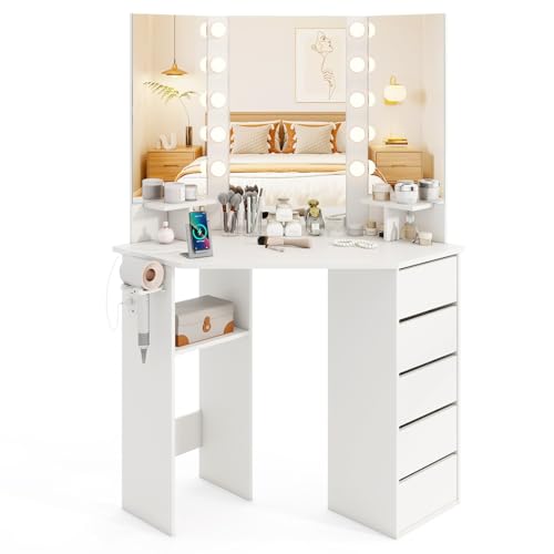 CHARMAID Corner Vanity Desk with Mirror and Lights, White Makeup Vanity Table with 5 Drawers, Storage Shelves, Charging Station, 3 Lighting Modes, Compact Vanity Dressing Table for Small Space