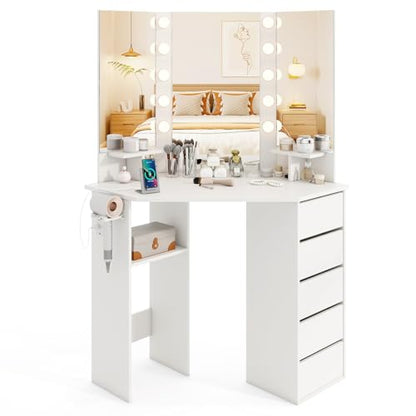 CHARMAID Corner Vanity Desk with Mirror and Lights, White Makeup Vanity Table with 5 Drawers, Storage Shelves, Charging Station, 3 Lighting Modes, Compact Vanity Dressing Table for Small Space
