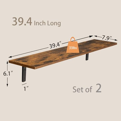 Long Wall Shelves, 39.4Inch Wooden Wall Mounted Shelves, Set of 2 | Large Floating Book Shelf, Metal Brackets, Easy Assembly, Max Load 33lbs, Wall Storage Ledges, Bedroom/Bathroom, Rustic Brown - color: Rustic Brown, size: 39.4 Inch