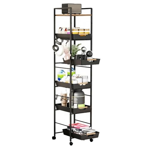 6-Tier Slim Rolling Storage Cart with Wheels, Metal Organizer Tall Rolling Cart, Wood Top Narrow Mobile Utility Cart with Pull-Out Baskets for Kitchen, Bathroom, Laundry Room, 13in(W) Black - color: Black, size: 6 Tier(13 inches)