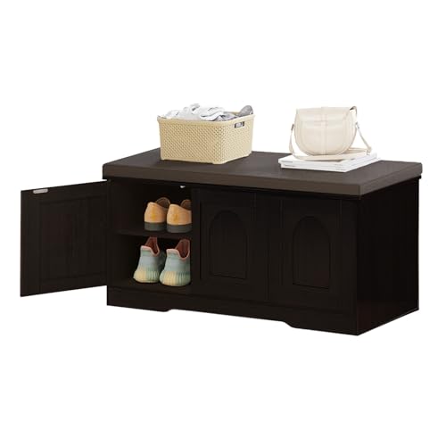 Shoe Storage Bench with Cushion, Door, Espresso 39.4" LX17.7 H | Entryway Bench, 2-Tier Cabinet Bench, Widened Cubby, Fully Adjustable Shelves for Boots, Easy Assembly, Farmhouse, Bedroom - color: Espresso, size: 39.4”L x 17.7”H