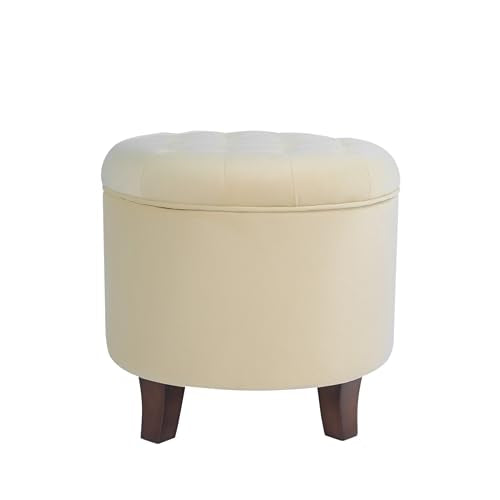 HomePop 19" Velvet Button Tufted Round Storage Ottoman - Cream - color: Cream