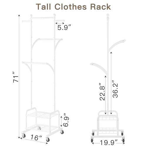 Rolling Clothes Rack with 2 Shelves, Small Metal Clothing Rack with Wheels | Gasvadivum 71" Tall Sturdy Garment Rack with 3 Hanging Rods, Freestanding Portable Coat Rack for Laundry Room, Bedroom, White - color: White