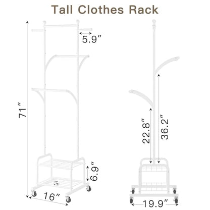 Rolling Clothes Rack with 2 Shelves, Small Metal Clothing Rack with Wheels | Gasvadivum 71" Tall Sturdy Garment Rack with 3 Hanging Rods, Freestanding Portable Coat Rack for Laundry Room, Bedroom, White - color: White