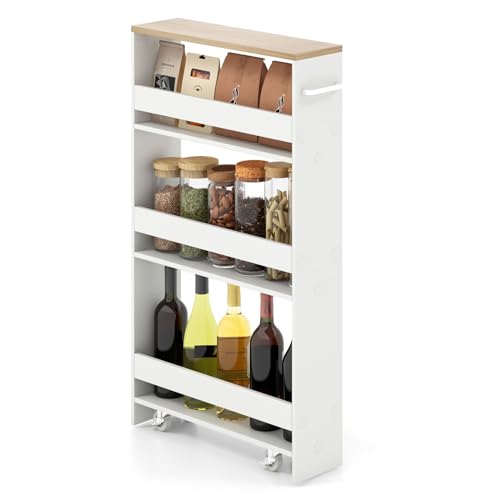 GIANTEX 4-Tier Rolling Slim Storage Cart, 5" Narrow Slide Out Kitchen Cart | Space-Saving Compact Mobile Utility Trolley with Handle & Open Shelves for Small Space, Laundry Room (White & Natural) - color: White & Natural, size: 5"W