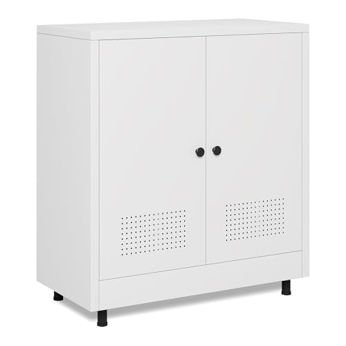 Metal Storage Cabinet with 2 Doors and Adjustable Shelf, Free Standing Accent Sideboard Buffet Cabinet for Home, Office, Entryway, Hallway, Living Room, Kitchen and Dining Room (White) - color: White