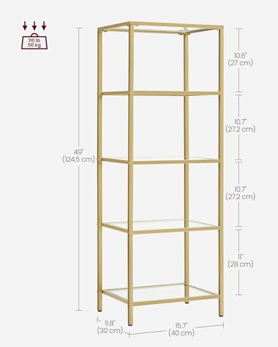 VASAGLE Bookcase, 5-Tier Bookshelf, Slim Shelving Unit for Bedroom, Bathroom, Home Office, Tempered Glass, Steel Frame, Metallic Gold ULGT029A01 - color: Metallic Gold, size: 5 Tiers (15.7"W x 49"H)