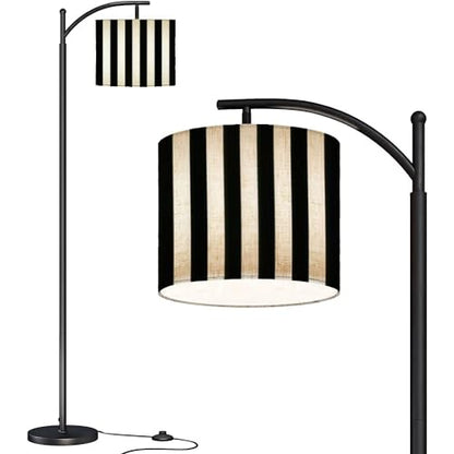 Modern Arc Floor Lamp with Dimmer Mid Century Striped Black White Metal Standing Lamp with Linen Shade Footswitch for Living Room Bedroom Office