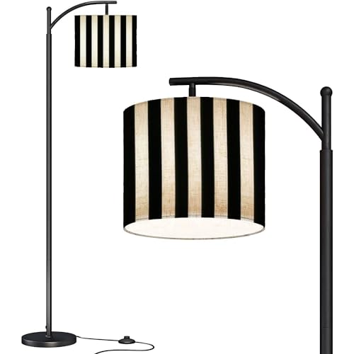 Modern Arc Floor Lamp with Dimmer Mid Century Striped Black White Metal Standing Lamp with Linen Shade Footswitch for Living Room Bedroom Office